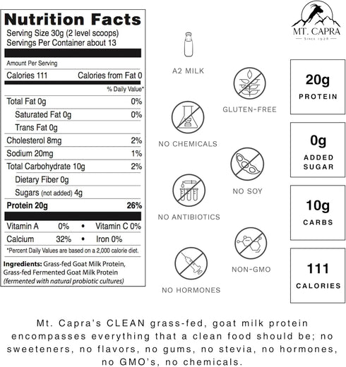Clean Whole Protein + Fermented Protein - Easy to Digest Whey and Casein Protein from Grass-Fed Goats, 20 G Protein per