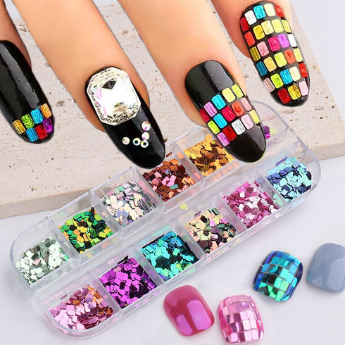 Square Glitter Nail Art Sequins, 12 Colors Rectangle Flakes for Women Girls Manicure Charms and DIY Nail Tips