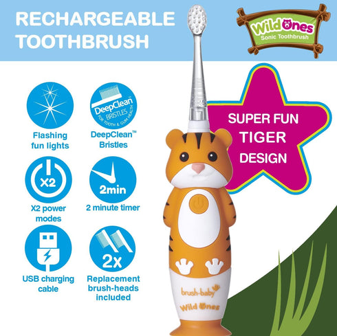 brush-baby WildOnes Kids Electric Toothbrush, Rechargeable, 1 Handle, 3 Brush Heads, USB Charging, Ages 0-10 (Tiger)
