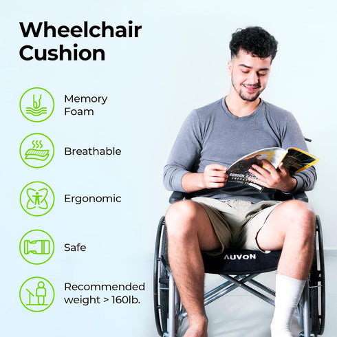 AUVON Wheelchair Seat Cushions (18"x16"x3") for Sciatica, Back, Coccyx Pain Relief, Memory Foam with Removable Strap
