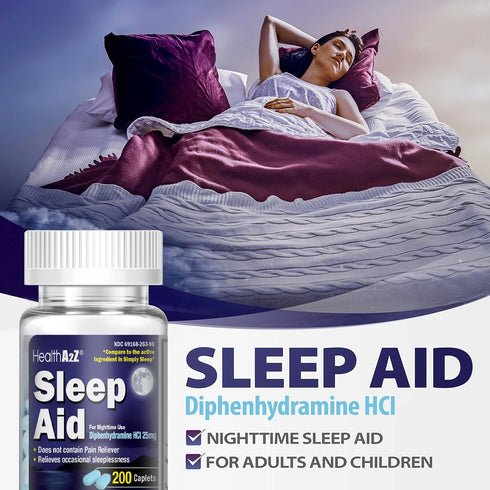 HealthA2Z Sleep Aid 200 Caplets | Diphenhydramine HCl 25mg | Regular Strength Non-Habit-Forming Sleeping Pills