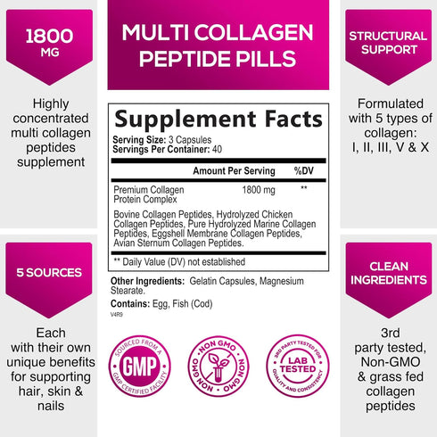 Collagen Peptides for Women & Men, Type I, II, III, V, X Hydrolyzed Collagen Pills, Grass Fed Non-GMO Multi Collagen Peptides Supplements, Hair, Skin, Nail, Bones, Joint Health Support - 120 Capsules