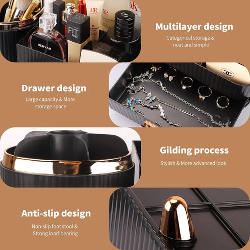 Makeup Organizer for Vanity, Cosmetic Display Case with Drawers for Skincare, Brushes, and Accessories, Black