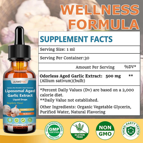 JUIWEFKK 500mg, 15:1 Immune Aged Garlic Extract Liquid Drop Extract Odorless Organic Garlic Supplement for Heart