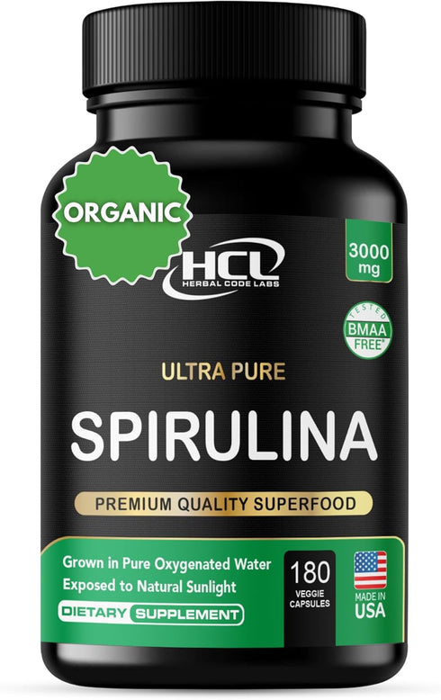Organic Spirulina Powder Capsules 3000 mg - Pure Non-Irradiated Blue Green Algae, 180 Pills Made in The USA