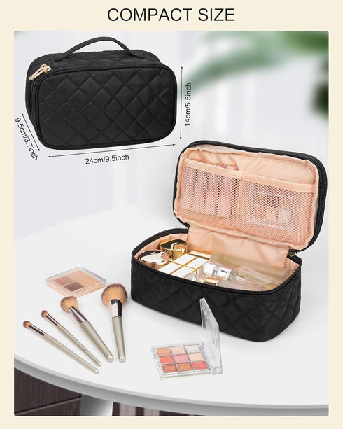 Relavel Small Makeup Bag, Travel Cosmetic Organizer for Women, 2 Layer Waterproof Black Makeup Pouch with Zipper