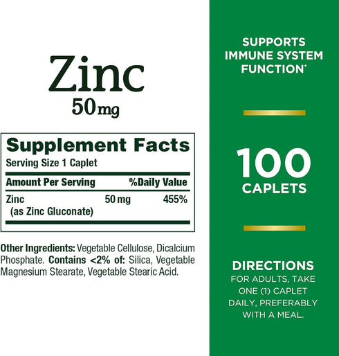Nature's Bounty Zinc, Supports Immune System Function, Dietary Supplement, 50 mg, Caplets, 100 Ct