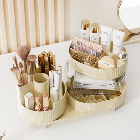 Rotating Makeup Organizer for Vanity with Brush Holder and Drawer, 3 Layer Cosmetic Makeup Storage, Large Makeup Skincare Organizer, Countertop Makeup Perfume Organizer, Lotions Display Case(White) by COMFYROOM