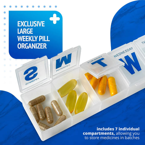 Weekly Pill Organizer - 7-Day Extra Large Pill Planner and Daily Medicine Reminder, BPA Free Travel Pill Box (Pack of 4)