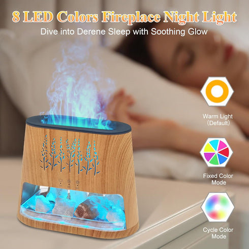 Walve 8 Fireplace Flame Diffuser & Himalayan Salt Lamp, Colors Aromatherapy Diffuser Cool Mist Humidifier with Timer