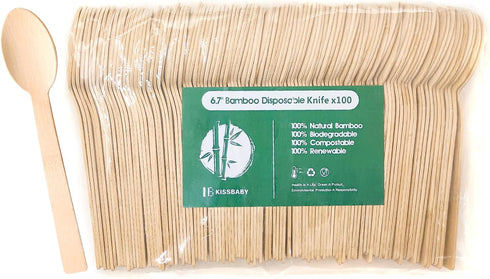 100% Bamboo Utensils, 100 PK 6.7" Disposable Cutlery Set, Compostable Biodegradable Eco-Friendly Spoons