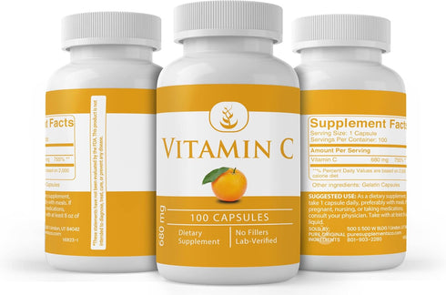 PURE ORIGINAL INGREDIENTS Vitamin C, 100 Capsules, Pure, No Additives, Lab Verified