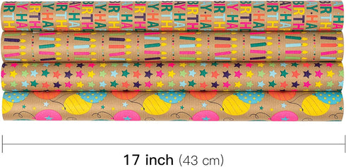 RUSPEPA Mini Kraft Wrapping Paper Rolls, 4 Rolls, 17 inches x 10 feet per Roll, Colorful Birthday Gift Wrap