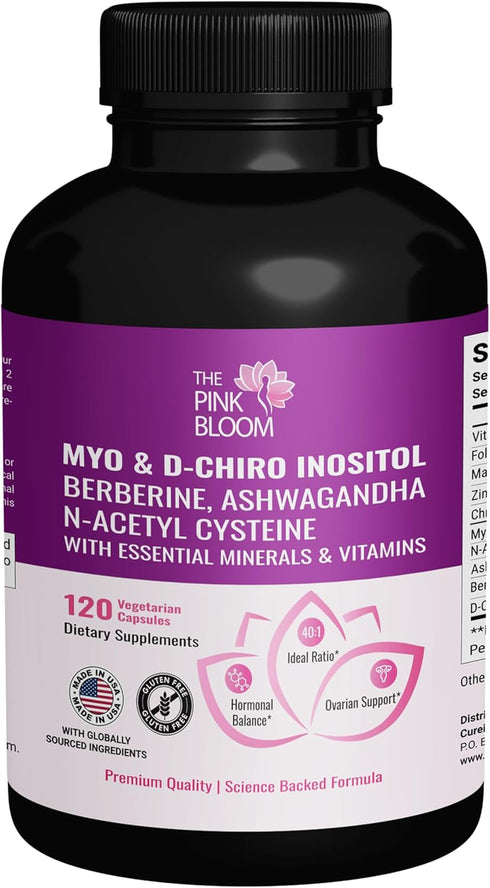 The Pink Bloom 40:1 120 Myo & D-Chiro Inositol Ratio Capsules | Myo Inositol Supplement for Women with Vitamin D