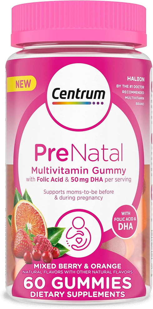 Centrum Prenatal Multivitamin Gummies, 60 Count - Mixed Berry and Orange Flavors with DHA and Folic Acid, 30 Day Supply