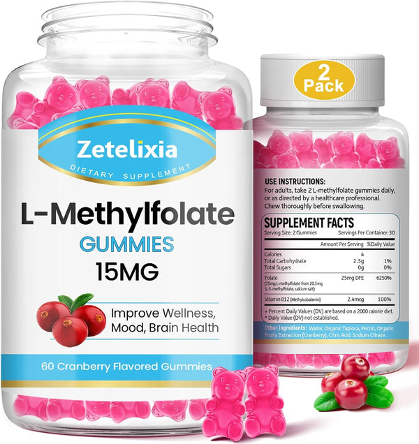 2 Pack L-Methylfolate 15mg Gummies - Folate & Vitamin B12 Supplement for Adult Brain & Mood Support, Non-GMO, Vegan,