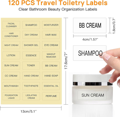 Toiletry Labels for Travel Size Bottles,120 PCS Travel Bottle Labels Waterproof,Clear Bathroom Labels Makeup Label for Shampoo Conditioner Lotion Cream by HVSWLY