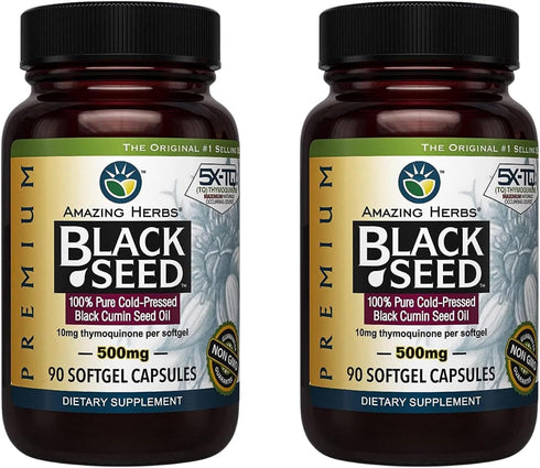 Amazing Herbs Premium Black Seed Oil Capsules - Gluten Free, Non-GMO, Cold Pressed Nigella Sativa, 90 Count, 500mg