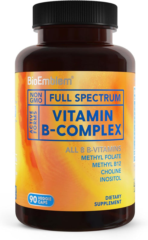 BioEmblem Vitamin B-Complex - 90 Capsules with All 8 Active Forms, Supports Energy, Metabolism, Brain & Heart Health