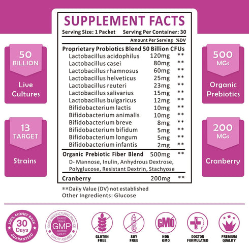 Probiorics for Women Probiotics Powder, 50 Billion CFUs, 13 Strains, Prebiotics for Digestive & Immune Health, 30-Day