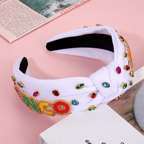 Mexican Headband for Women - Cinco De Mayo Beaded Fiesta Knotted Headband with Rhinestone Crystal Embellishments