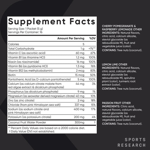 Sports Research Hydrate Electrolytes Powder Packets - Sugar-Free, Naturally Flavored with Vitamins, 16 Packets Variety