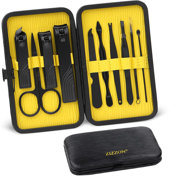 ZIZZON Travel Mini Manicure Set, 10 in 1 Stainless Steel Nail Clipper Grooming Kit with Case (Black/Yellow)