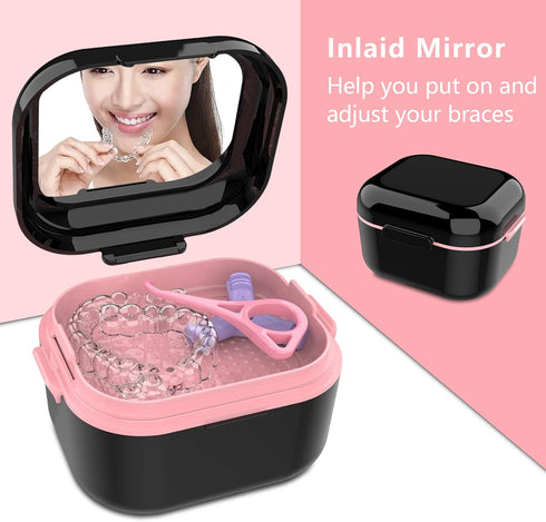 BVN Denture Bath Case, Retainer Cleaner with Mirror, Mouth Guard and Aligner Holder, Black for False Teeth