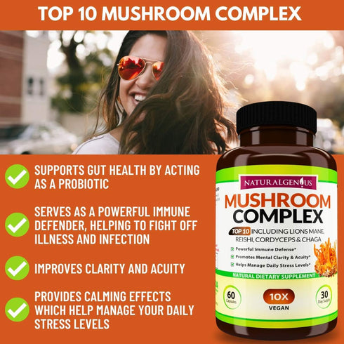 Natural Genius Top 10 Mushroom Extracts - Immune Booster with White Button, Lions Mane, Cordyceps, Chaga, Reishi Plus