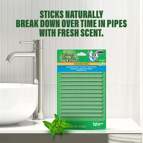 Green Gobbler Drain Cleaner & Deodorizer, FRESH SCENT Sticks for Toilet Tanks, Sinks, and Drains - 24 Pieces