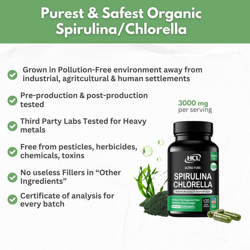 Chlorella Spirulina Powder Capsules - Organic 3000 mg Purest Blue Green Algae, Best Natural Detox Superfood
