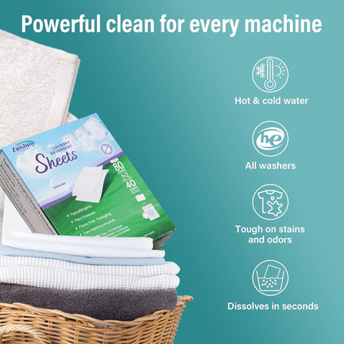 Laundry Detergent Sheets - Zinshine Plant-Based Eco Friendly | Hypoallergenic Lavender Scent, Up to 80 Loads