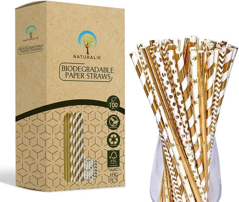 100-Pack Biodegradable Gold Paper Straws, Extra Durable Striped/Wave/Heart/Star/Solid for Party Supplies and