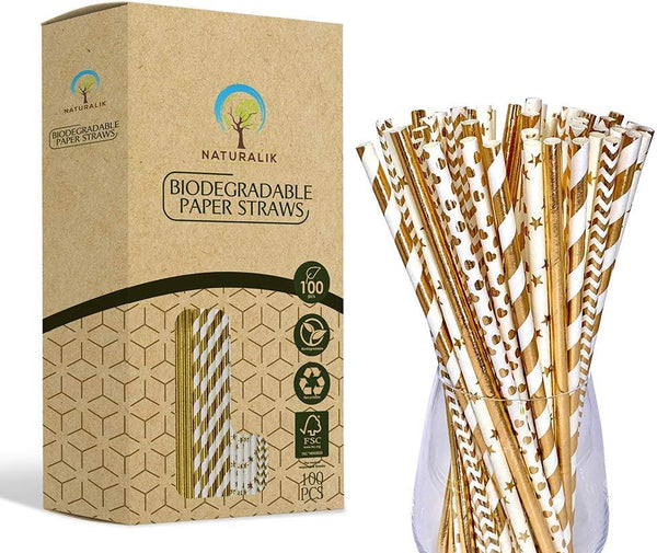 100-Pack Biodegradable Gold Paper Straws, Extra Durable Striped/Wave/Heart/Star/Solid for Party Supplies and