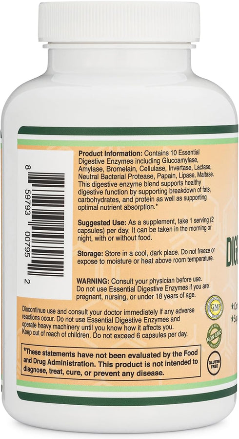Digestive Enzymes by Double Wood - 800mg Blend of 10 Essential Digestive & Pancreatic Enzymes (Amylase, Lipase,