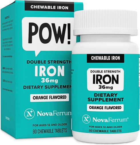 NovaFerrum Pow - Chewable Iron Supplement for Adults, 36mg of Iron, 90 Servings, Sugar Free, Vegan
