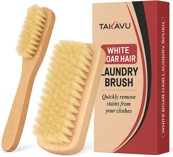 Boar Bristle Laundry Stain Brush Set by TAKAVU, Stiff Pure Boar Bristle