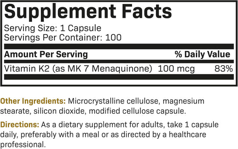 Futurebiotics Vitamin K2 as MK-7 100 mcg, Non-GMO Vegetarian Capsules for Strong Bones, 100 Count