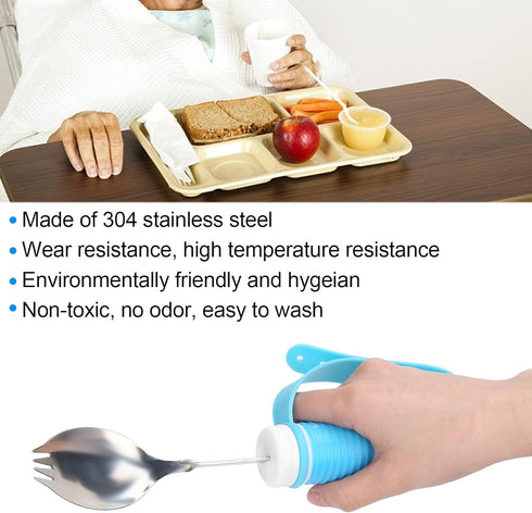 Adaptive Utensils, 2 in 1 Spoons Forks Arthritis Aid Silverware Stainless Steel Flatware Adjustable Strap Non Slip Wide Handles for Elderly Weak Hand Tremors Handicapped Weakness Independent Eating by Tiiyee