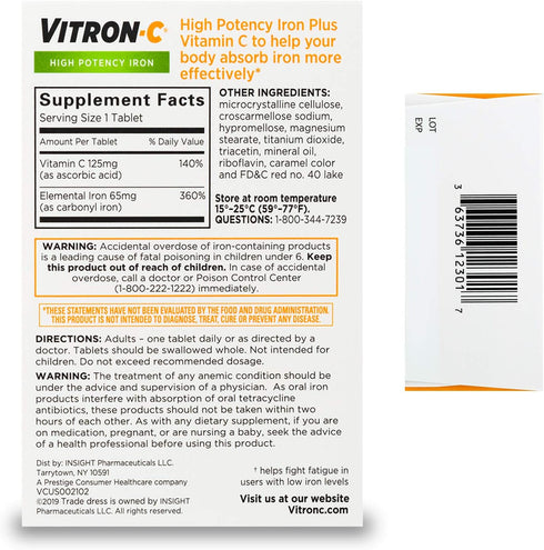 Vitron-C High Potency Iron Supplement with 125 mg Vitamin C - 60 Count