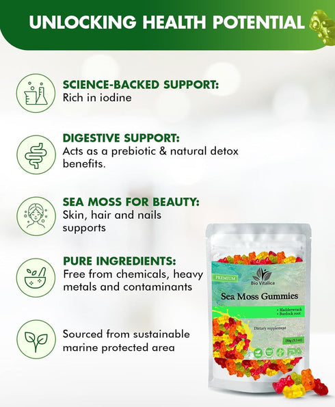 Sea Moss Gummies - Organic Irish Sea Moss, Bladderwrack, Burdock Root - Superfoods for Vegan, Keto Diet