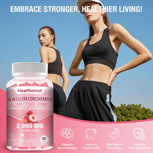 Healtionist 2 Packs 2000mg D3 K2 Gummies Immune 120 Counts Gummies Calcium Citrate with Vitamin Supplements for Women