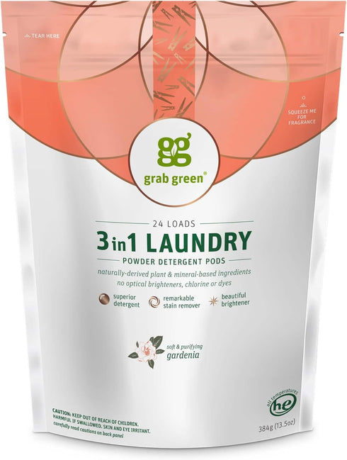 Grab Green 3-in-1 Laundry Detergent Pods, 24 Count, Gardenia Scent, Plant and Mineral Based, Superior Cleaning