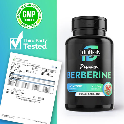 Berberine Supplement - Natural Plant-Based with Ceylon Cinnamon, Turmeric, Piperine, Vitamins B6, C, D - Vegan-Friendly - 60 Vegetable Caps, 900mg.