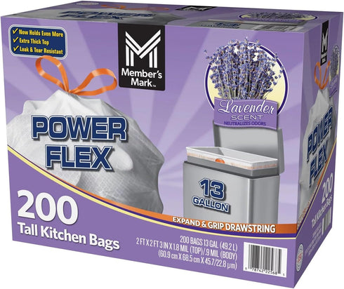 MEMBERS MARK (13 2 100 200 count Member's Mark Power Flex Tall Kitchen Drawstring Trash Bags Gallon, Rolls of ct.