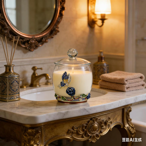 Scented Candles Gifts for Women - Enamel Butterfly & Blue Rose Decorative Glass Jar with Faceted Crystal Lid, Special