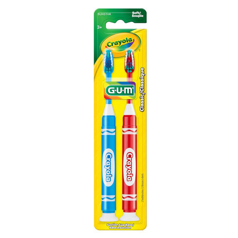 Set 3+, 2 Count GUM Crayola Marker Childrens Toothbrush, Soft Bristled Kids Toothbrush Age Suction Cup Base