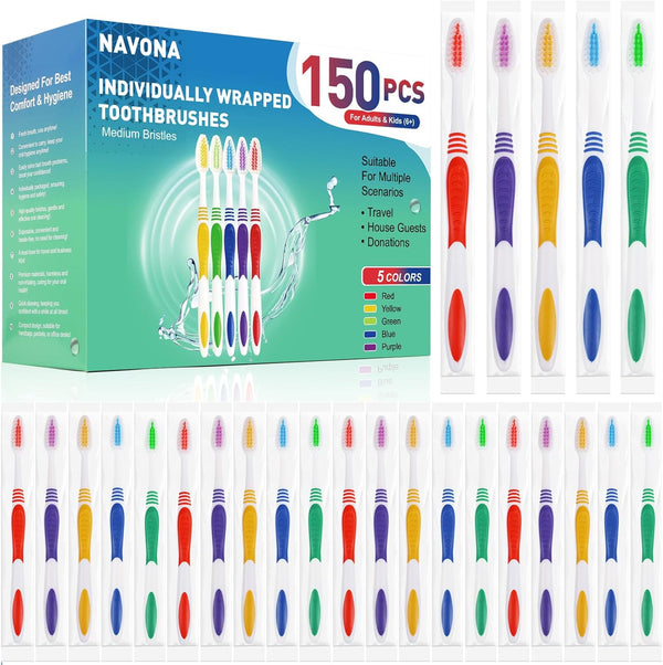 Navona 150 PCS Bulk Toothbrush Pack, Premium Quality, Colorful, Individually Wrapped, Medium Soft Bristles