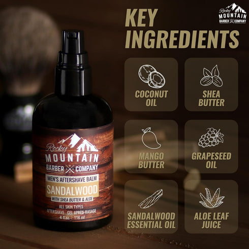 Rocky Mountain Barber Company Aftershave Balm for Men, Sandalwood Essential Oil, Coconut Oil, 4 oz