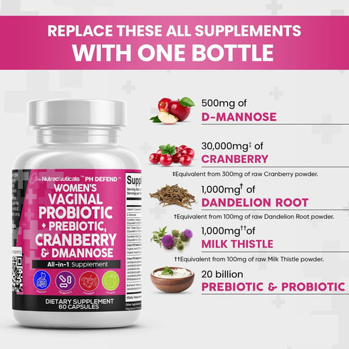 Vaginal Probiotics for Women + Prebiotics 20 Billion Cranberry Pills for Urinary Tract Health, 30 Capsules